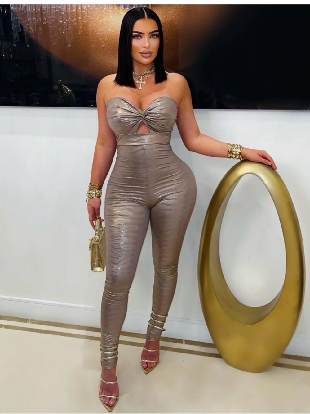 Strapless Metallic Taupe Jumpsuit - Sleek Evening Bodysuit